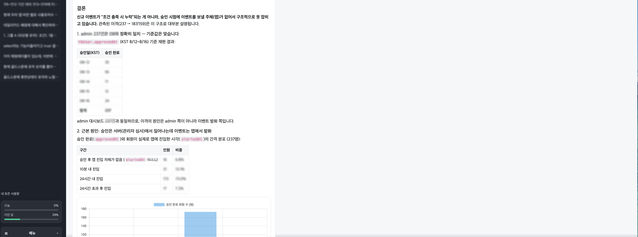 TRIA가 근본 원인을 표와 차트로 구조화해 답하는 화면